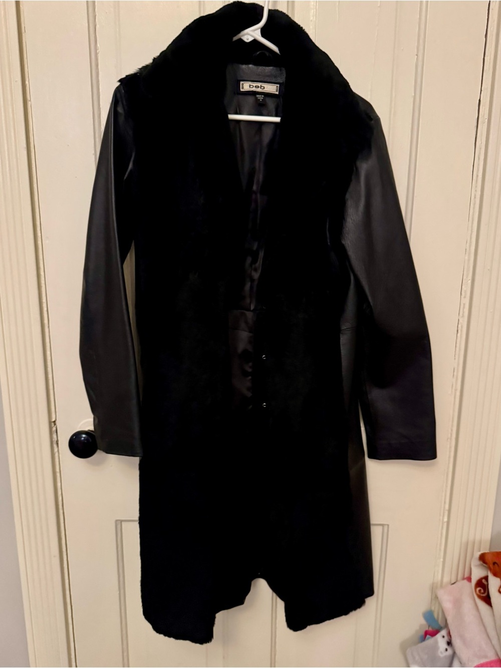 bebe Black Faux Fur Trim Leather-Look Trench Coat